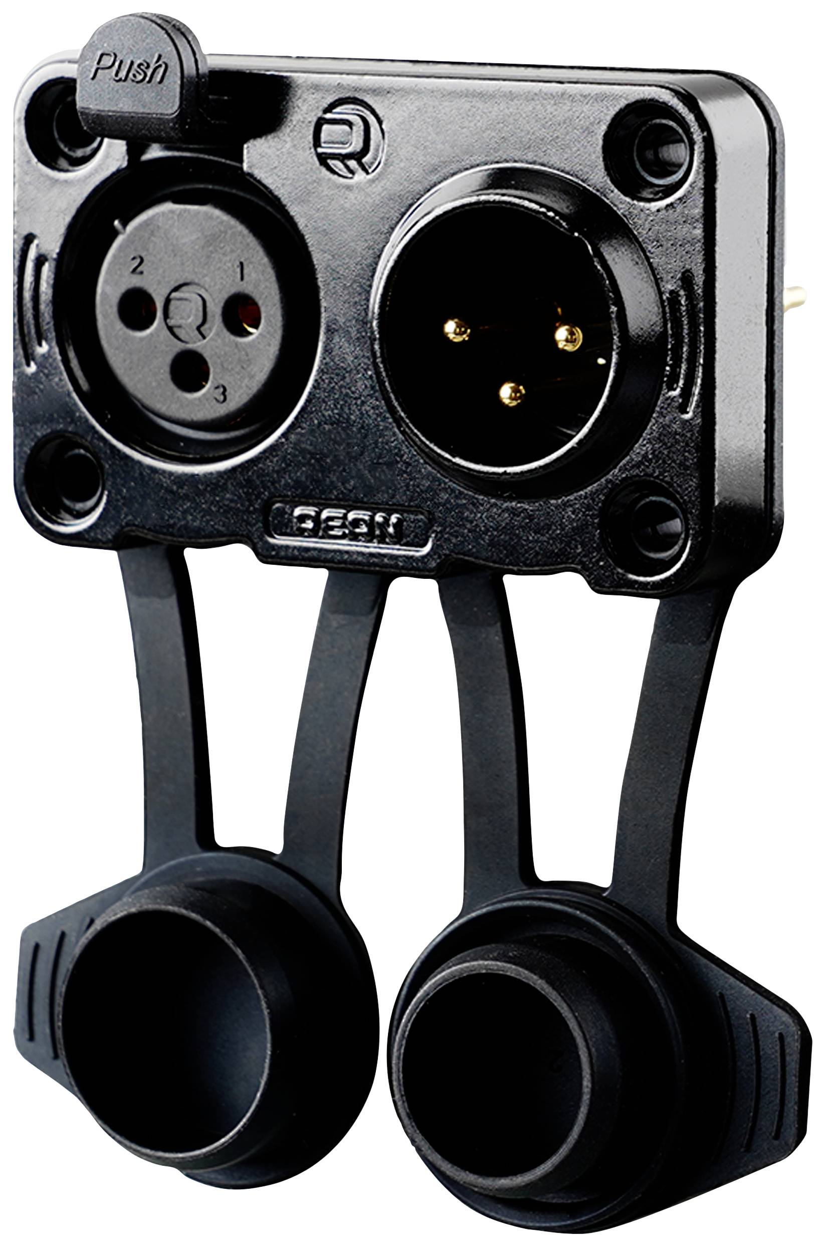 Černý kombinovaný konektor s XLR a jackovým vstupem. Označení 'Push' pro odjištění. Ideální pro audiovizuální instalace.
