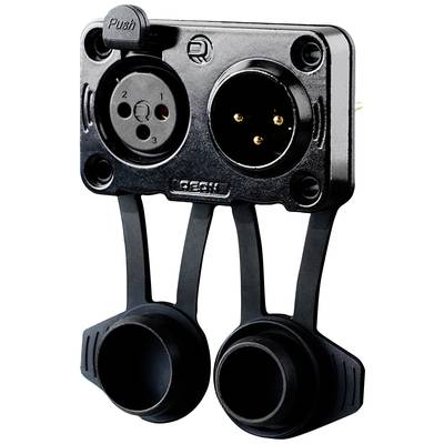 Černý kombinovaný konektor s XLR a jackovým vstupem. Označení 'Push' pro odjištění. Ideální pro audiovizuální instalace.