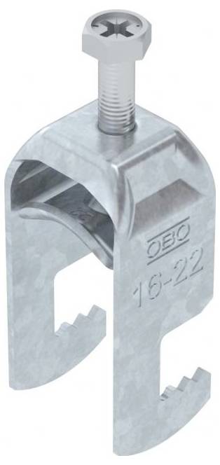 Kovová svorka se šroubem, označená 'OBO 16-22', určená pro upevňování kabelů nebo trubek.