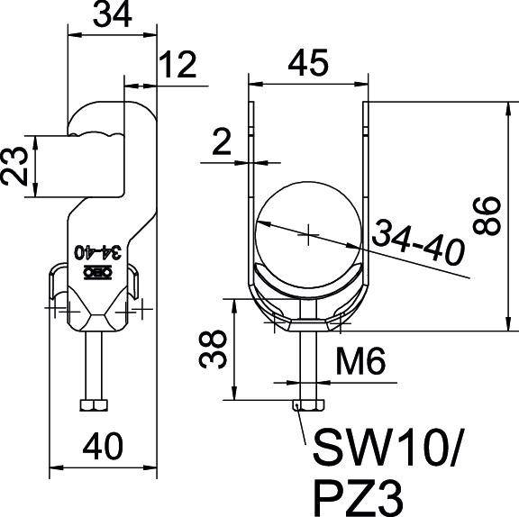 Technický výkres držáku s rozměry v milimetrech: Výška 86, šířka 40, šroub M6, vyžadováno nářadí SW10/PZ3.