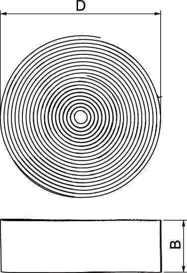 Spirálovitý pohled shora na drát s průměrem 'D' a šířkou 'B'. Diagram znázorňuje strukturu a dimenze.