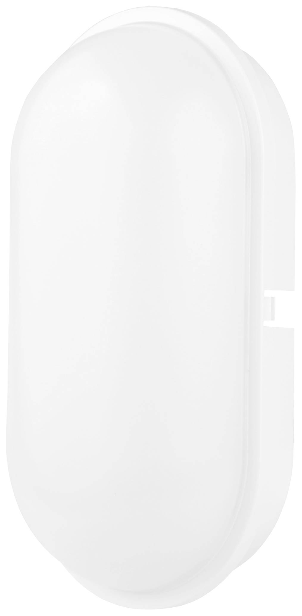 Oválné, bílé nástěnné svítidlo; minimalistický design, vhodné pro moderní interiéry.