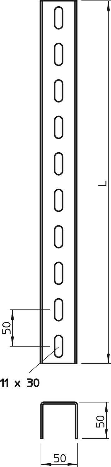 Technický výkres U-profilu s rozměry 50 mm šířky a 11 x 30 mm otvory. Výška označena písmenem 'L'.