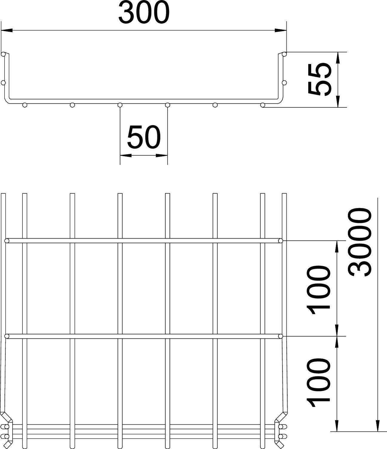 Technický výkres kovové mříže, rozměry: 300 x 3000 mm. Výška tyčí: 100 mm, vzdálenost: 50 mm. Celková šířka: 300 mm, hloubka: 55 mm.