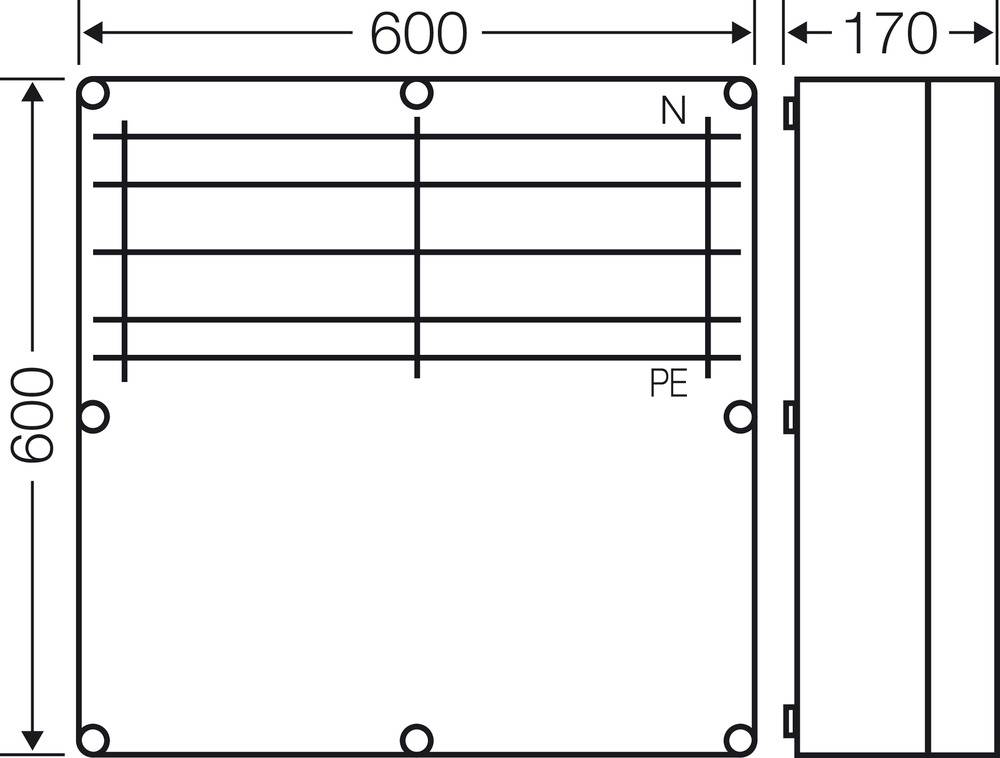 Schéma rozváděče s rozměry 600 x 600 x 170 mm; znázorňuje pozice pro N- a PE-přípojky vpravo nahoře.