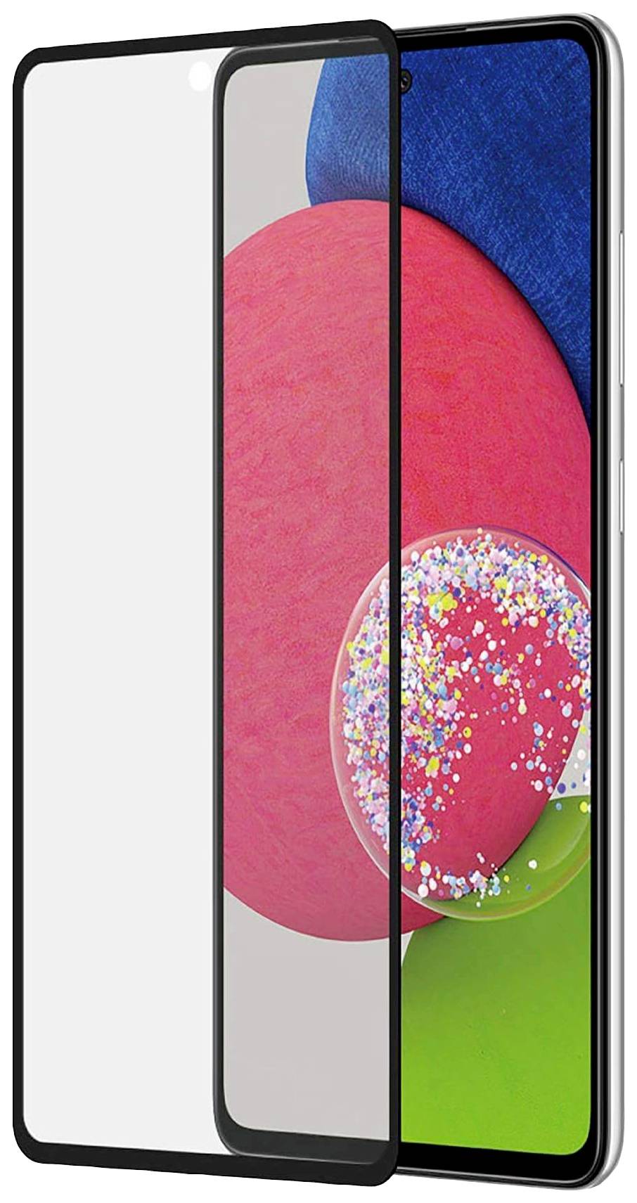 Smartphone s barevným pozadím a ochranným sklem na obrazovce, které mírně vyčnívá z přístroje.