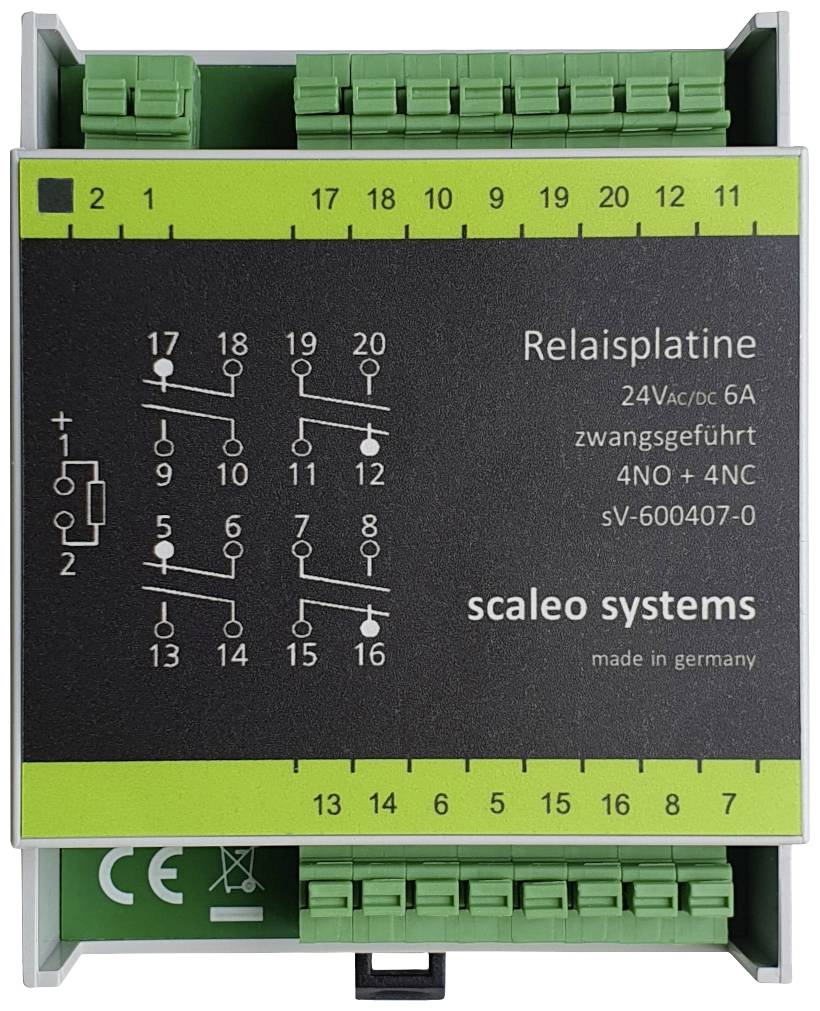 Reléová deska s nuceným vedením, 24V AC/DC, 6A, model sV-600407-0, škálovatelná. Obsahuje symboly pro čtyři spínací (NO) a čtyři rozpínací (NC) kontakty.