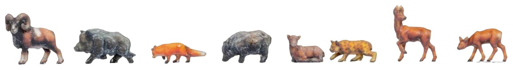 Řada zvířecích figurek: kozorožec, divočák, liška, medvěd, srnka, tygr, žirafa, jelen. Jsou vyrobeny z plastu a v pestrých barvách.