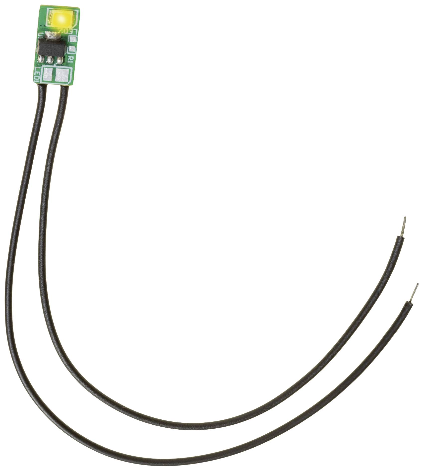Zelený elektronický obvod se žlutou LED a dvěma černými vodiči sloužícími k napájení.