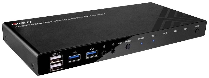 Černý HDMI přepínač se čtyřmi USB a HDMI porty. Tlačítka pro výběr PC1 až PC4, dva audiokonektory a světelné indikátory stavu.