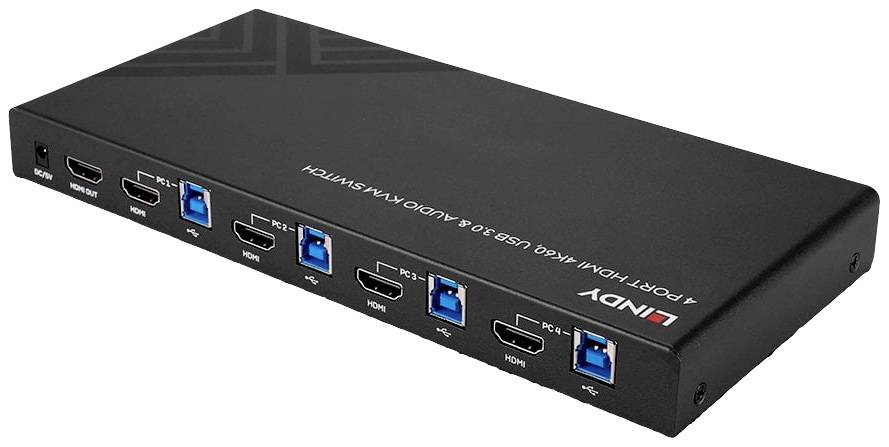 4-portový HDMI KVM přepínač značky Lindy, vybavený HDMI a USB 3.0 porty pro připojení více počítačů.