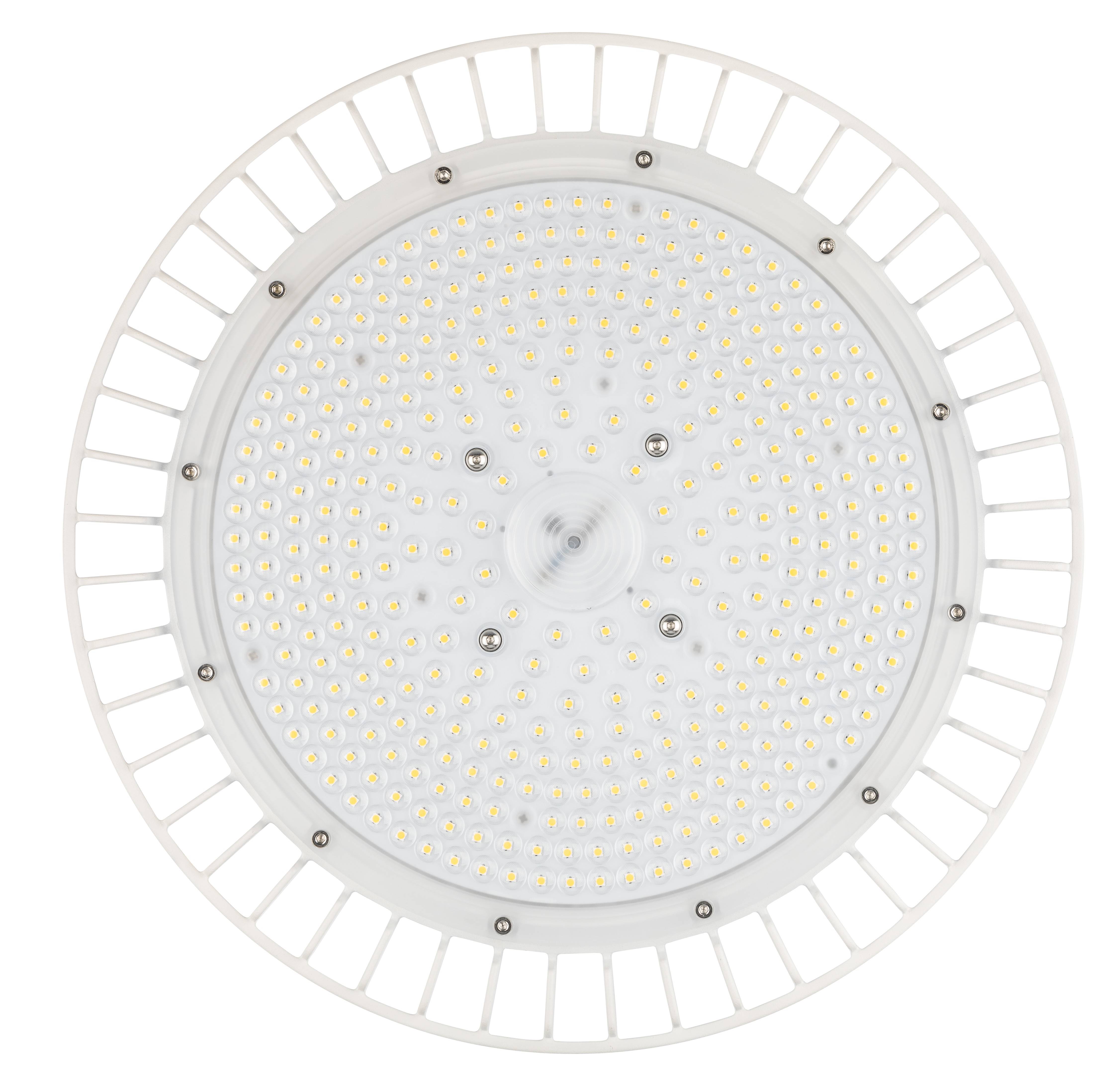 Kulatá LED svítilna s početným množstvím malých světel na bílém pozadí. Vhodná pro průmyslové nebo komerční osvětlení.