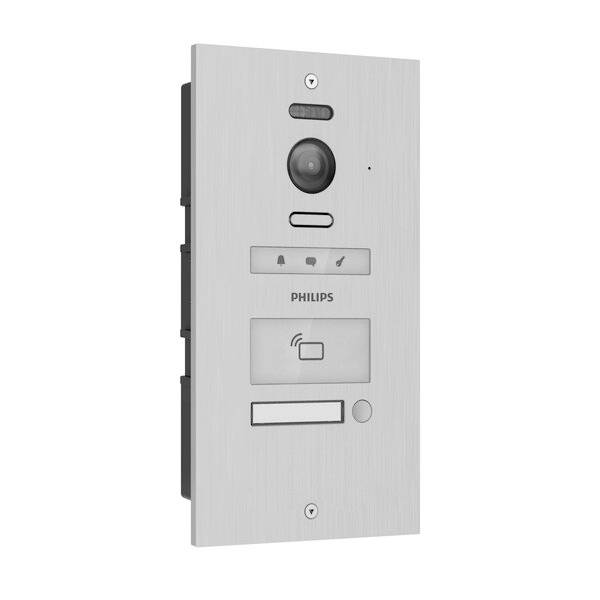 Stříbrný dveřní videotelefon od Philips s kamerou, reproduktorem, mikrofonem a symbolem pro čtení RFID.