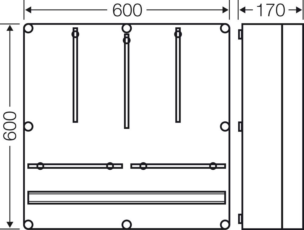 Technický výkres obdélníkové krabice s rozměry 600 x 600 x 170 mm. Obsahuje značení montážních bodů.