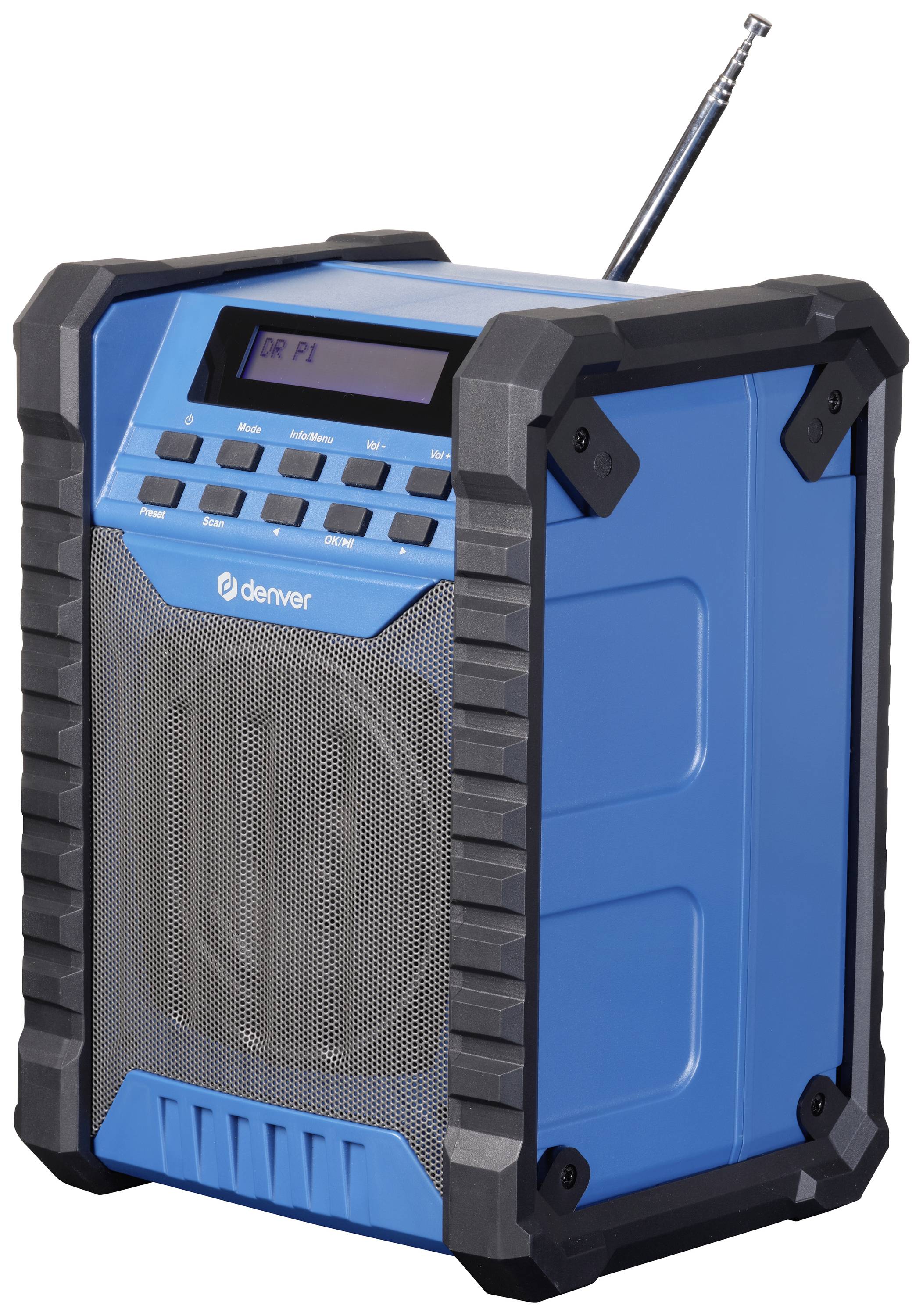 Modrý přenosný bluetooth reproduktor s robustním designem, černým rámečkem, displejem a anténou. Název značky na přední straně.