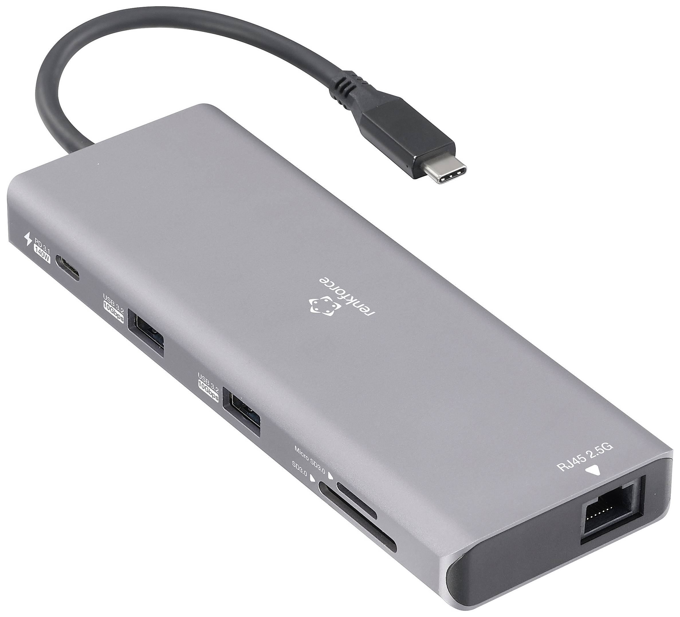 Šedý USB-C hub s několika porty, včetně USB-A, Ethernetu a HDMI. Slouží k rozšíření připojovacích možností počítače.