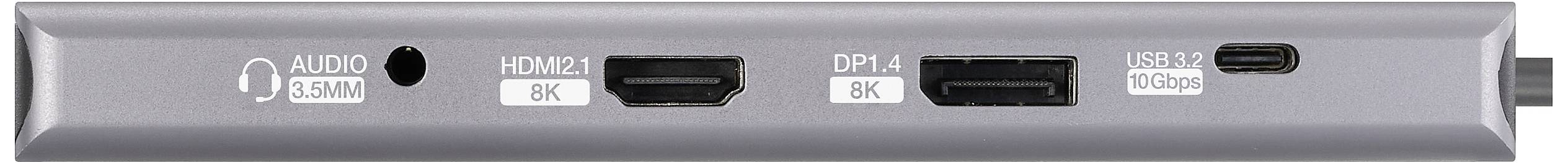 Dokovací stanice s připojením: audio, HDMI 8K, DisplayPort 8K, USB 3.0, USB-C, umožňuje připojení různých zařízení.