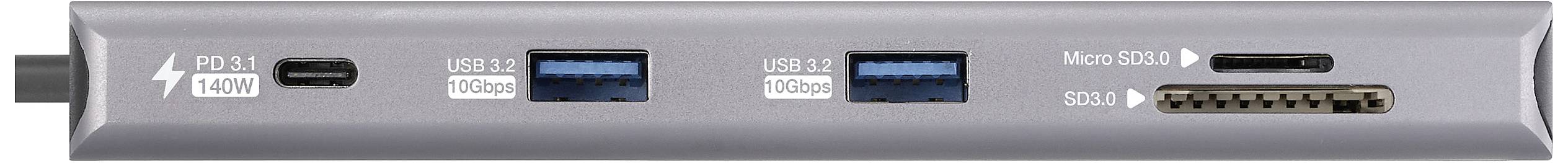 Kovový USB hub s porty: PD 3.1 (100W), dva USB 3.0 porty, Micro SD/SD a jeden port se symbolem blesku.