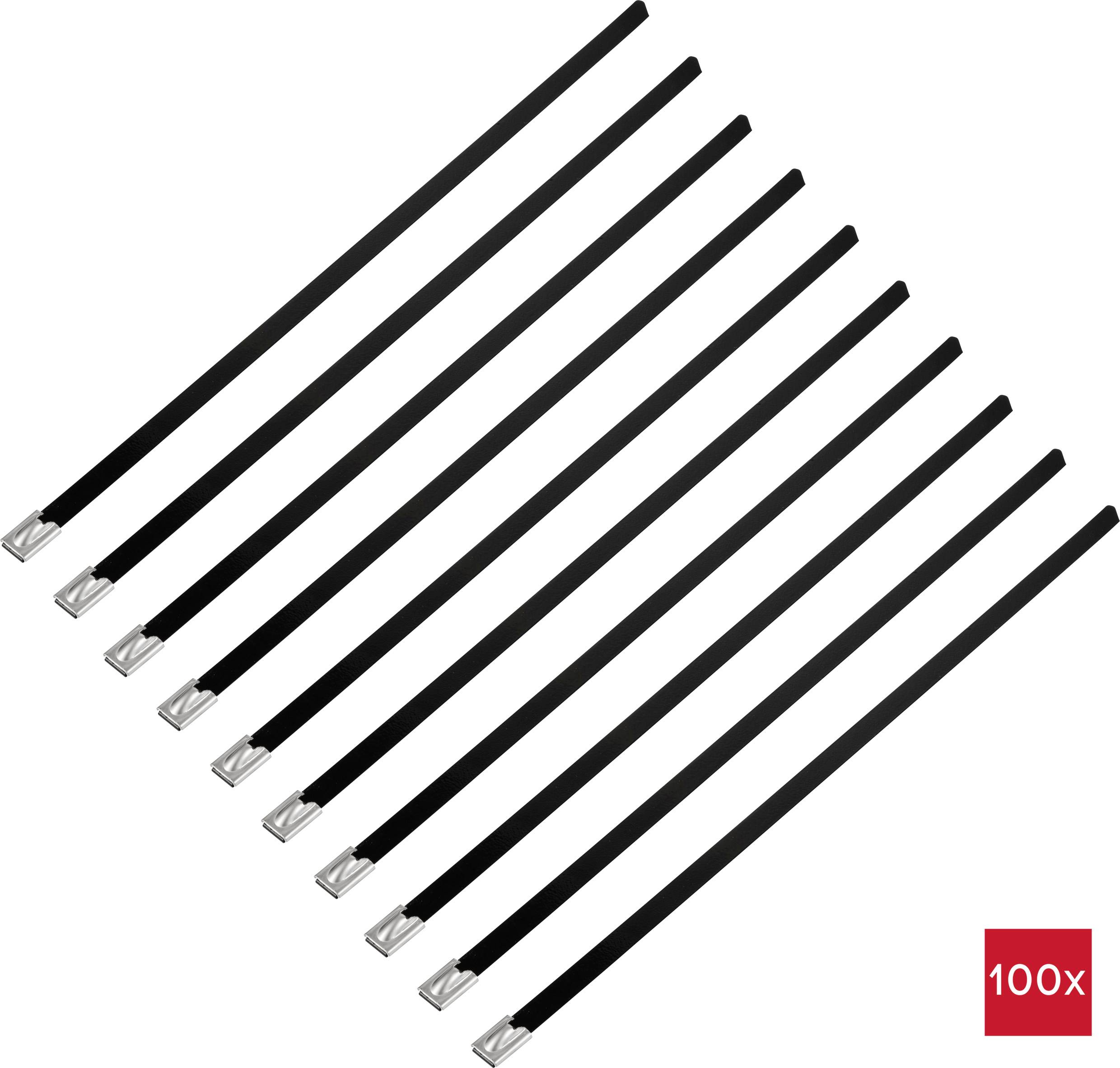 Deset černých kravatových sponek uspořádaných vedle sebe. Červený box s nápisem '100x' v rohu.
