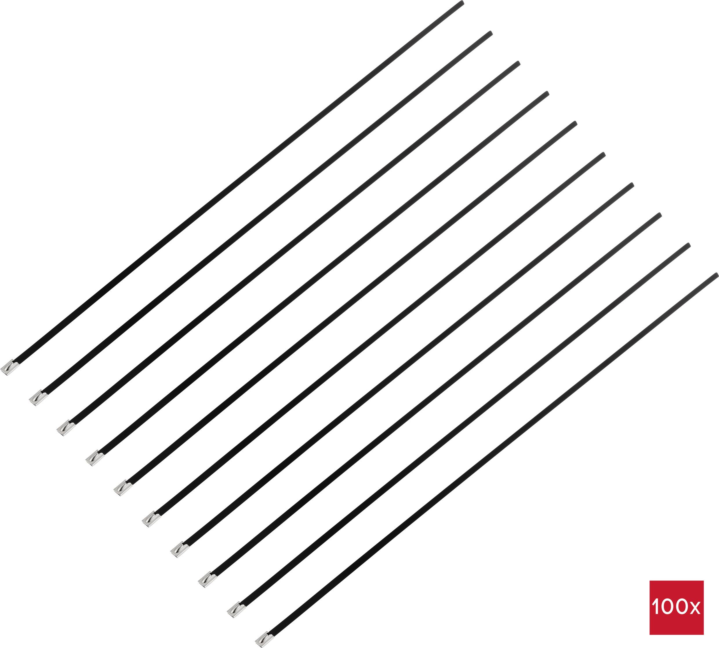 Černé balení kabelových spon, deset kusů viditelných, s červenou etiketou '100x' v pravém dolním rohu, symbolizující množství.