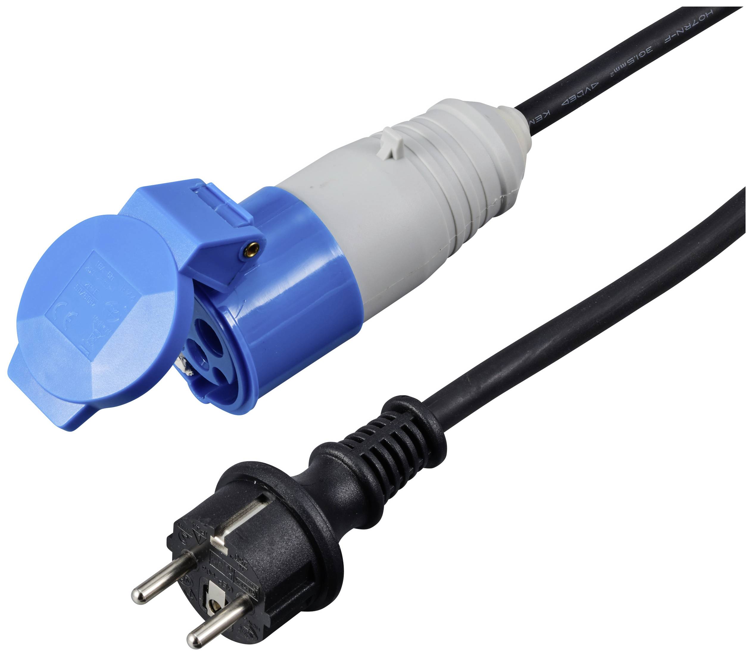 Černá zásuvka Schuko a modrá zásuvka CEE jsou propojeny kabelem, vhodné pro řešení elektrického napájení.