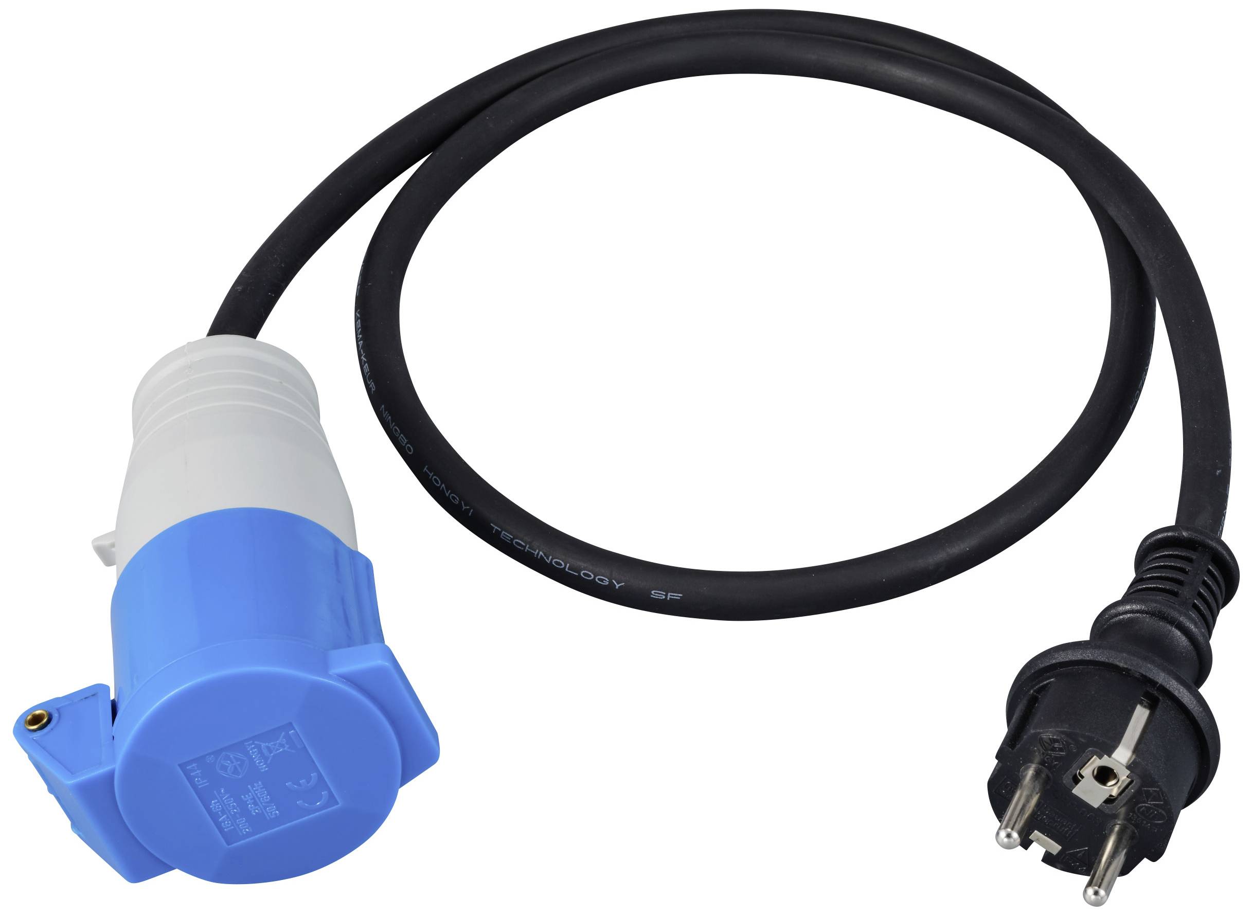 Černý elektrický kabel s modrým CEE zástrčkou a Schuko zástrčkou, používaný pro připojení zařízení ke zdroji napájení.