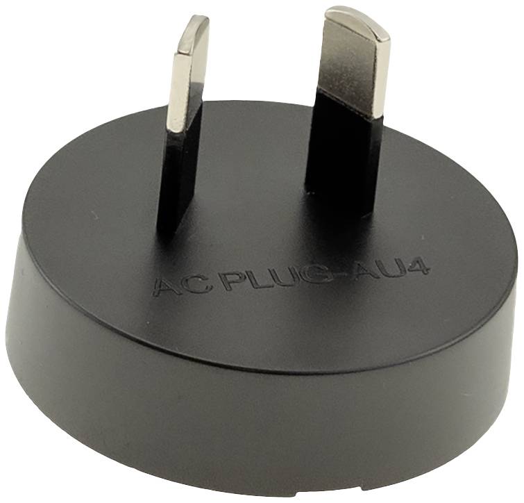 Černý elektrický adaptérový zástrčkový konektor se dvěma plochými kovovými kolíky, označený štítkem "AC PLUG-AU4".