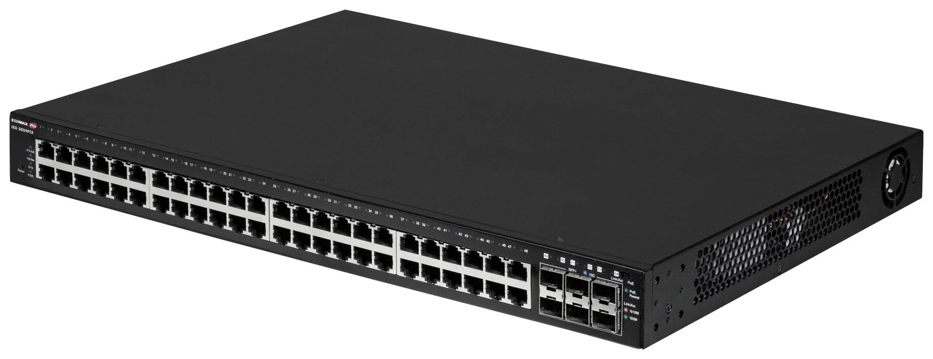 Černý síťový switch s 48 ethernetovými porty a 4 SFP porty. Vhodný pro použití ve velkých IT infrastrukturách.