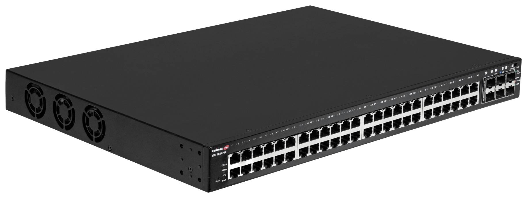 Černý síťový switch s 48 ethernetovými porty a ventilátory po stranách, vhodný pro použití ve velkých sítích.
