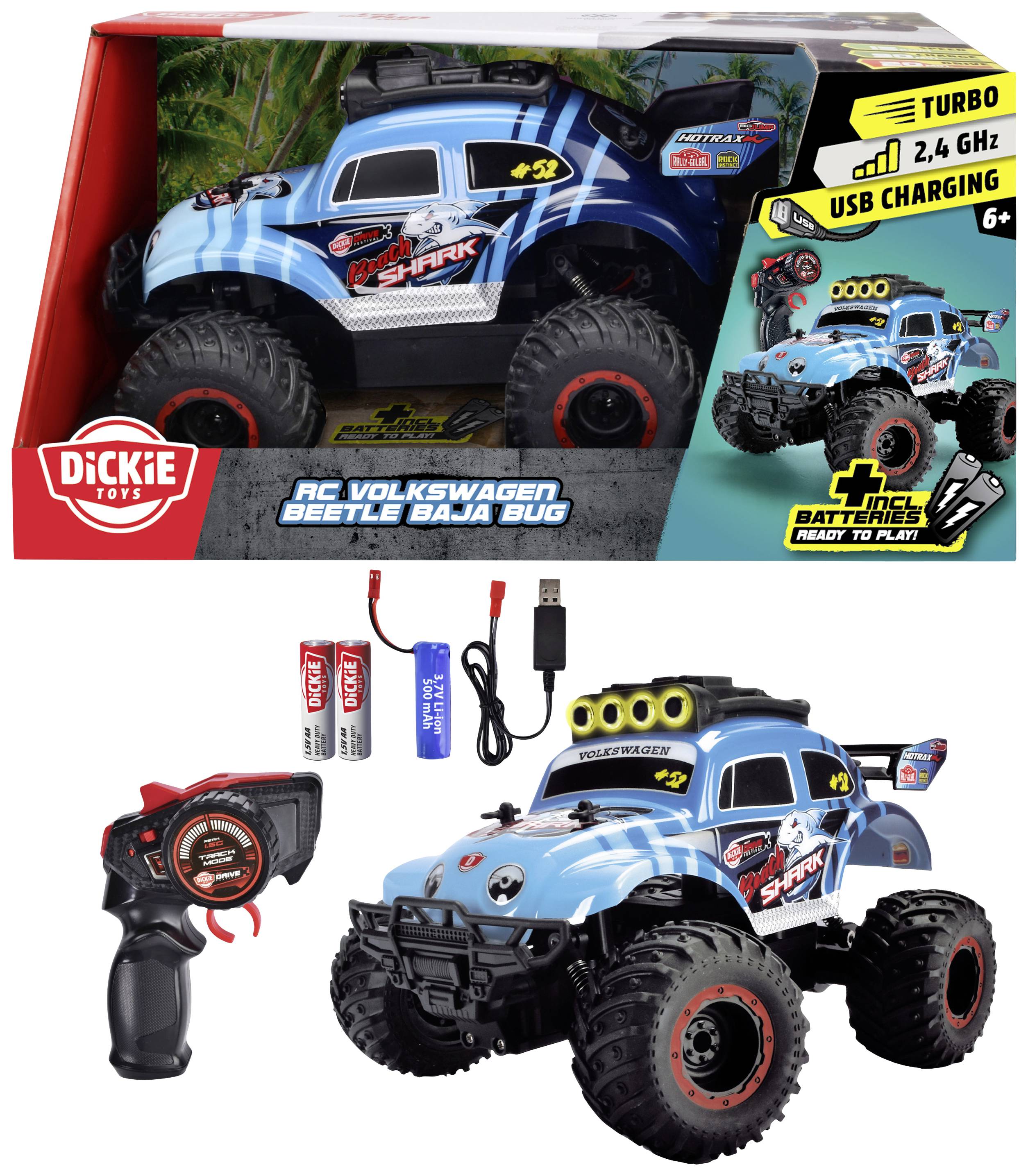 Sada hračkářského autíčka: Modré, dálkově ovládané autíčko VW Beetle ve stylu monster trucku s nálepkami. Součástí balení je dálkový ovladač a nabíjecí adaptér. Vhodné pro děti od 6 let.