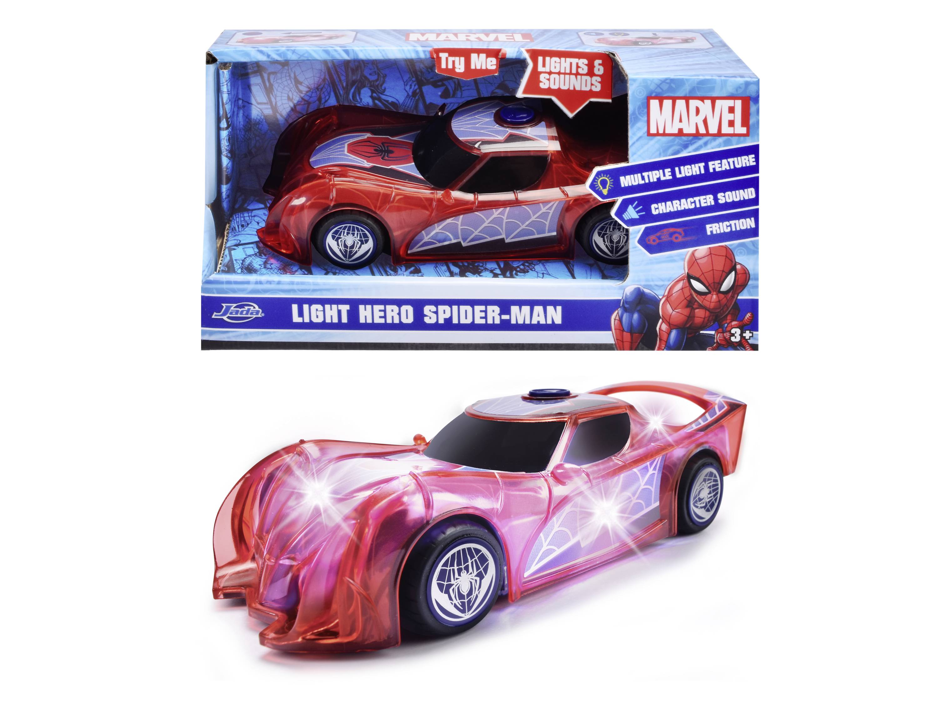 Hračka autíčko ve stylu Spider-Mana, červené s modrými detaily, s osvětlenou kapotou a koly. Obal ukazuje 'Light Hero Spider-Man'. Obsahuje světelné a zvukové efekty.