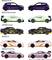 Pět hraček sportovních automobilů: Renault Clio, Bugatti Chiron, Chevrolet Camaro, Nissan GT-R, Porsche 911. Srovnání délek, všechny 7,5 cm.