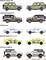 Šest modelů aut umístěných horizontálně na bílém pozadí. Modely: MERCEDES-BENZ G 500, LAND ROVER Defender, FORD Mustang, MERCEDES-BENZ 190, FORD Bronco.
