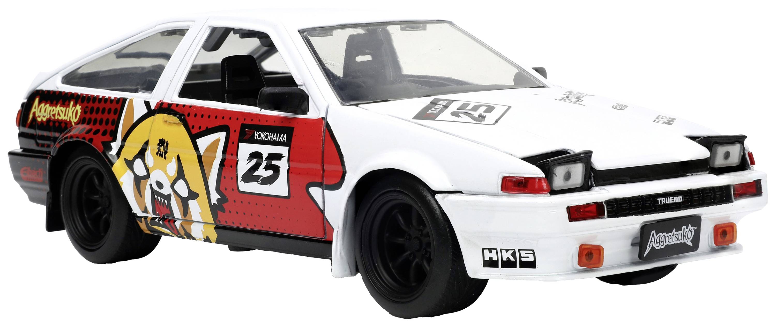 Bílé sportovní auto s nápadnou červeno-černou grafikou. Číslo '25' je umístěno na dveřích a design zobrazuje komiksovou postavu.