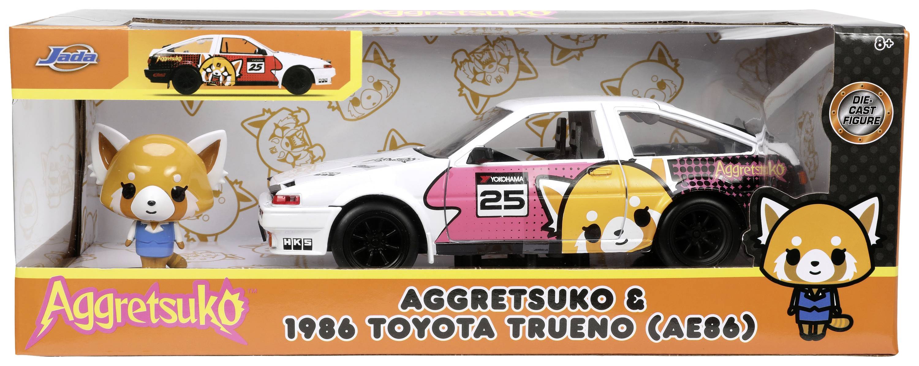 Aggretsuko a model of 1986 Toyota Trueno v barevné krabičce s designem Aggretsuko. Japonský animovaný motiv, vhodný pro děti od 8 let.