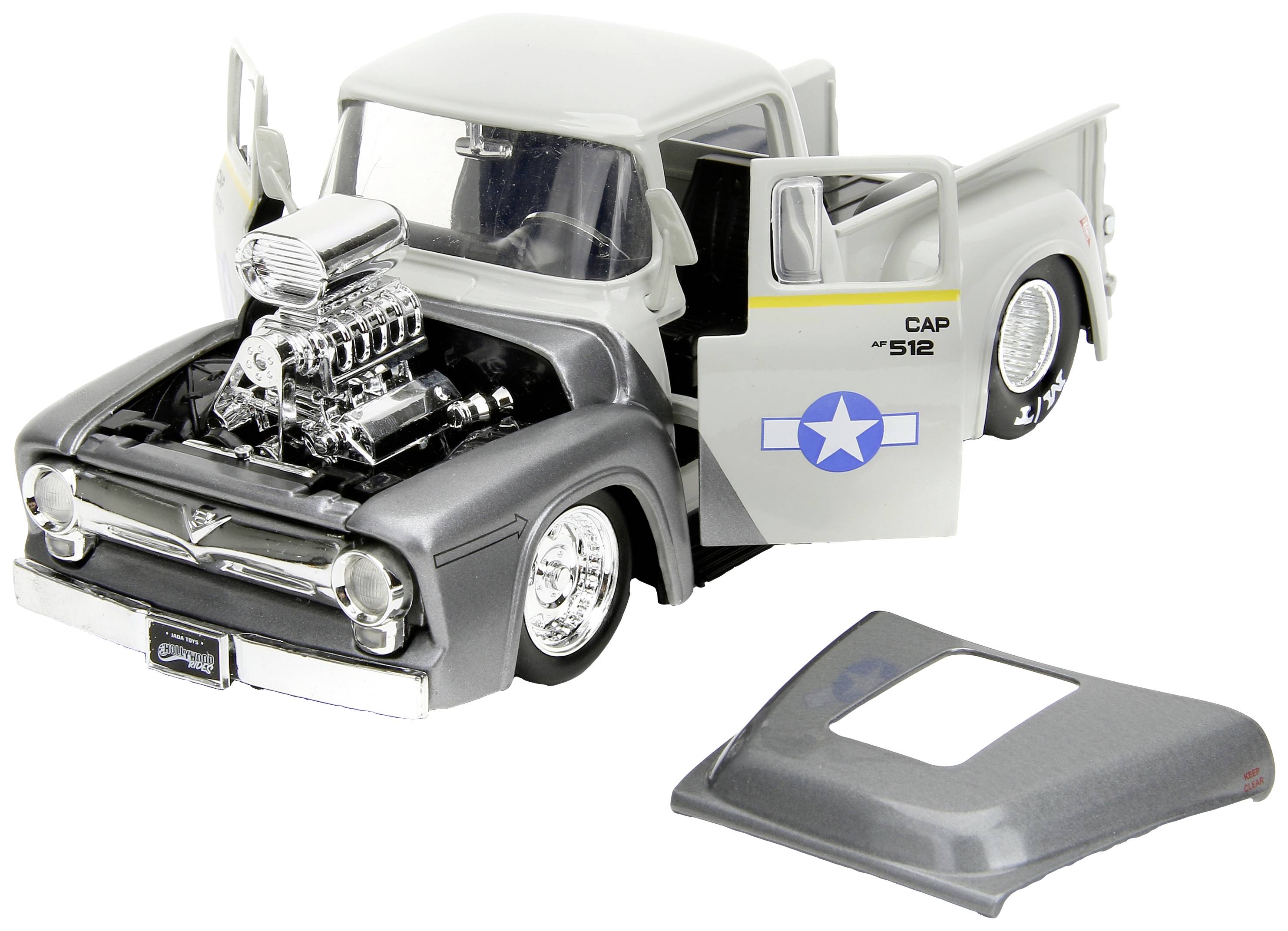 Šedé modelové auto s otevřenými dveřmi a zvednutou kapotou motoru odhaluje detailní motor. Na dveřích je umístěna modrá hvězda.