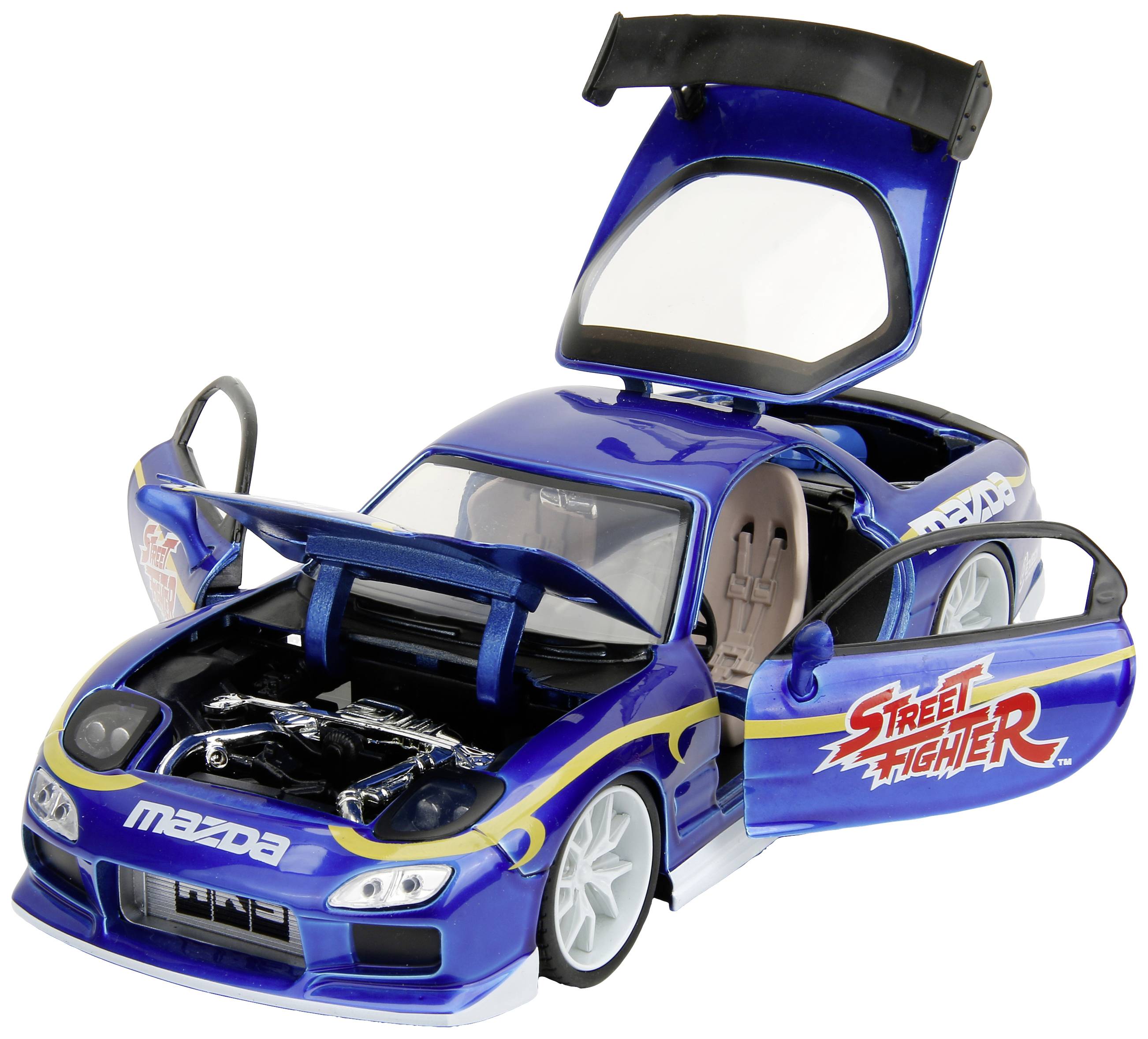 Modré modelové auto Mazda s designem 'Street Fighter'. Přední a zadní kapota jsou otevřené a odhalují interiér a motor.
