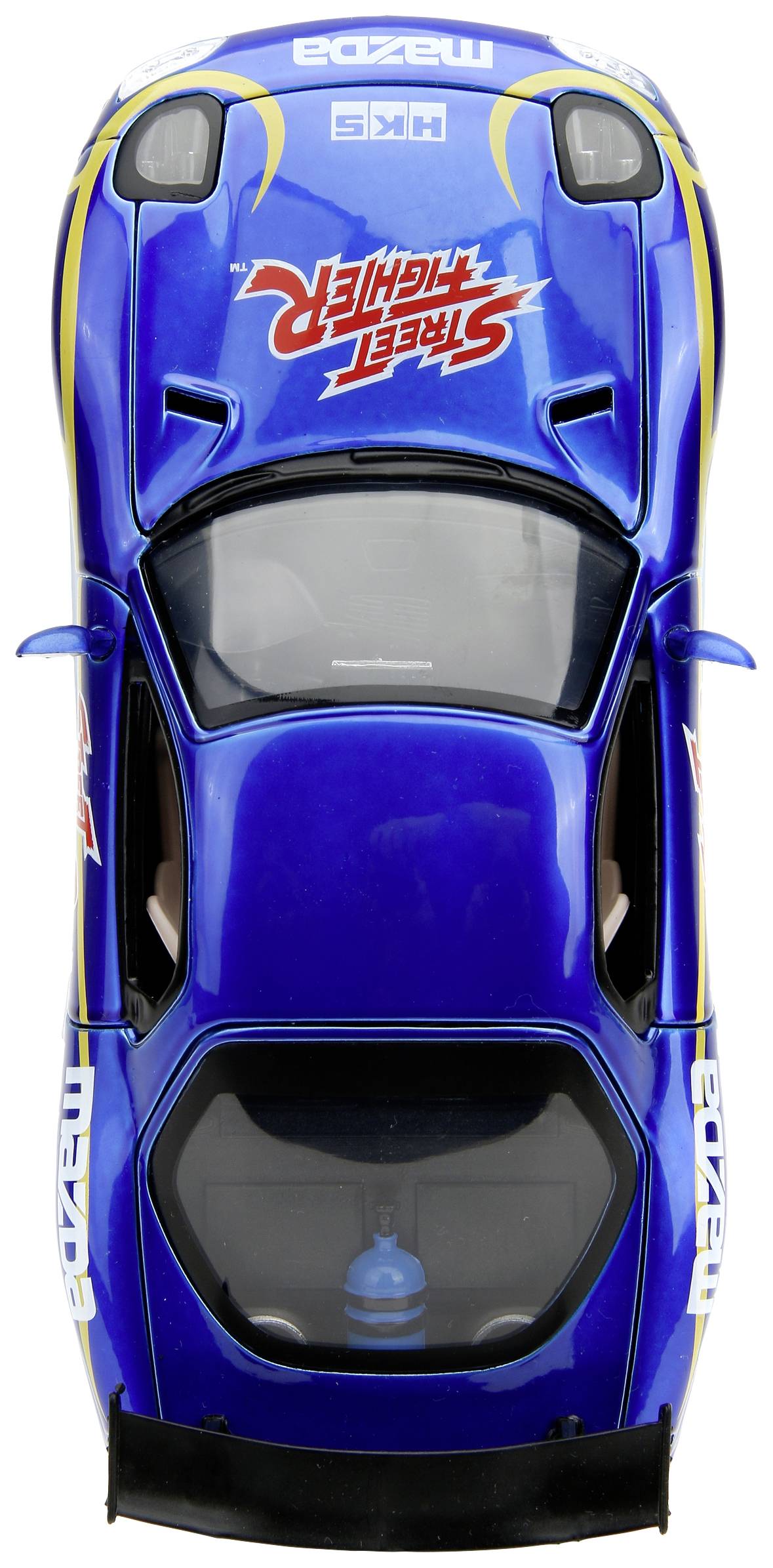 Modrý modelový závodní vůz s žlutým a červeným nápisem 'Street' na kapotě a logem Mazda.