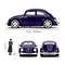 'Obrázek zobrazuje fialové modelové auto v retro designu s ženskou figurkou vedle něj. Rozměry: Auto 19,05 cm, figurka 27 cm.'