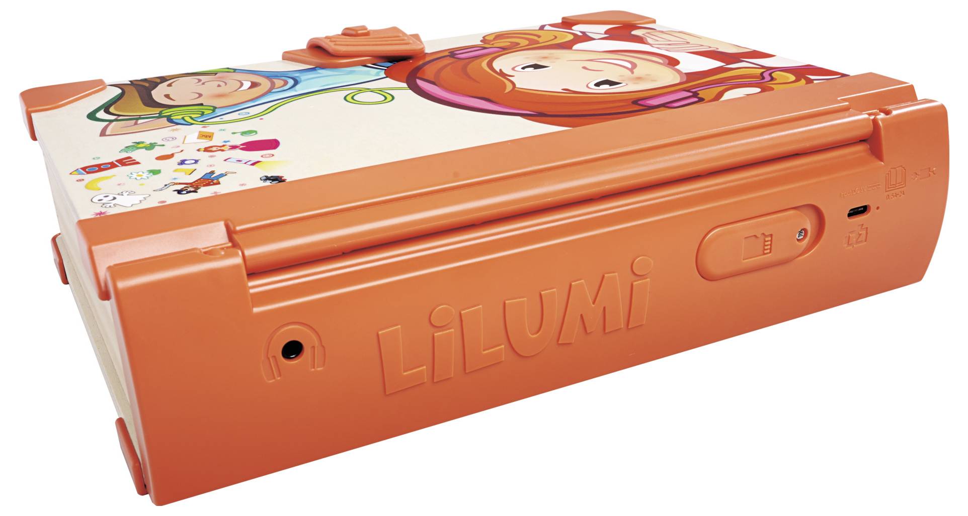 Oranžový dětský projektor s názvem 'LILUMI', který je nahoře ozdoben pestrobarevným kresleným designem; vhodný pro přehrávání obsahu.