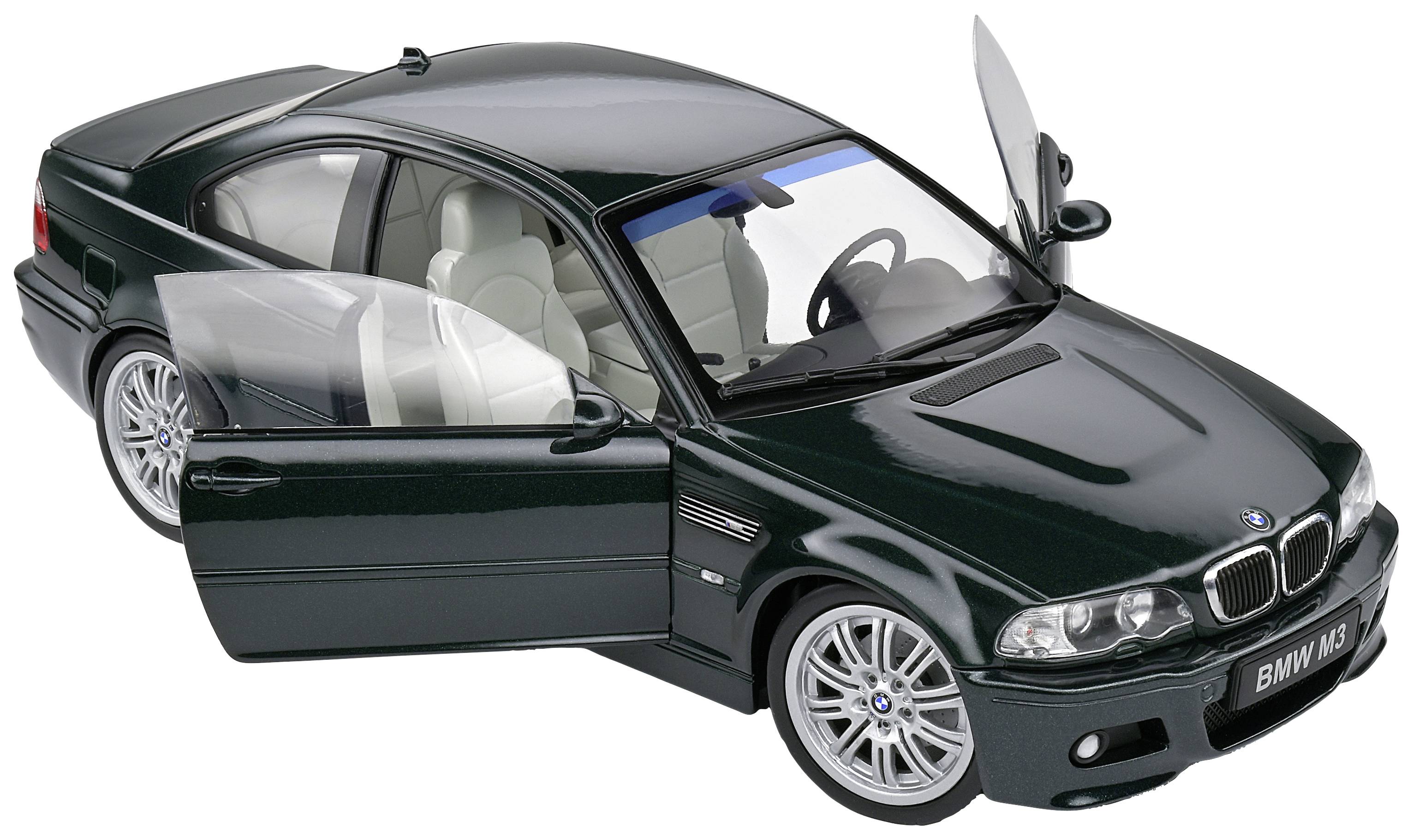 Tmavě modrý model BMW M3 s otevřenými dveřmi. Auto stojí na rovném povrchu a vypadá velmi detailně a realisticky.