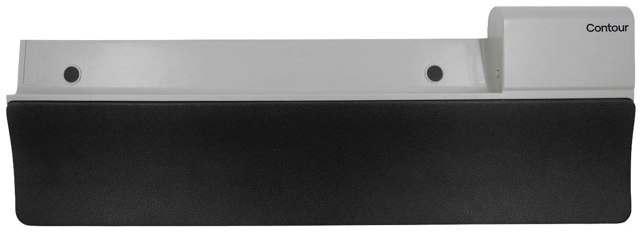 Ergonomická, černo-bílá podložka pod zápěstí s nápisem 'Contour', navržená pro použití před klávesnicí.