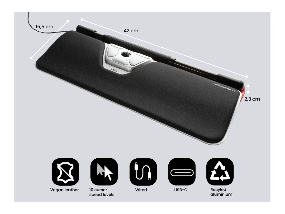 Podložka pod myš v černé barvě s opěrkou zápěstí, vyrobená z veganské kůže, s 10 úrovněmi regulace rychlosti kurzoru, USB-C připojením a z recyklovaného hliníku. Rozměry: 42 x 15,5 x 2,3 cm.