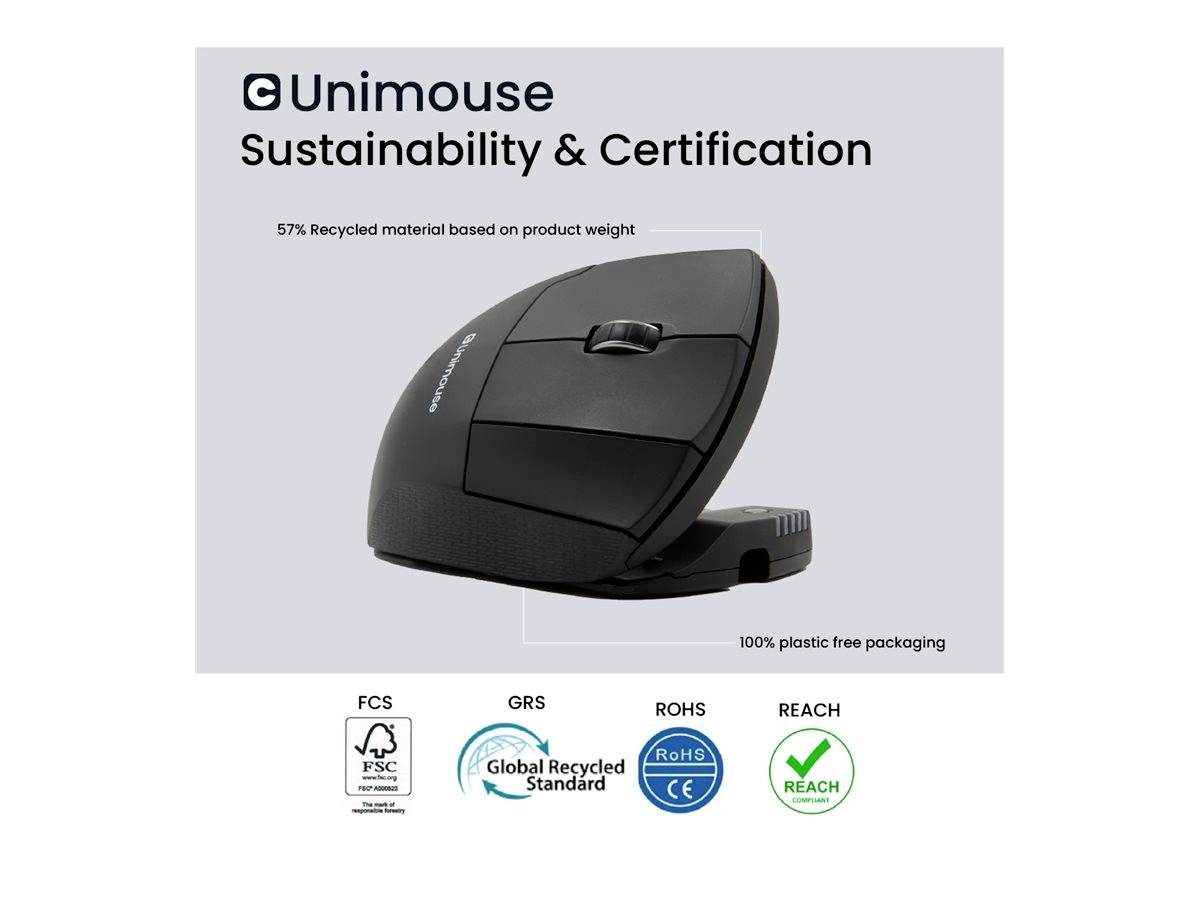 Černá ergonomická počítačová myš značky Unimouse, zdůrazňující 'Udržitelnost & Certifikaci'. 57 % recyklovaného materiálu, 100% balení bez plastů. Certifikační loga v dolní části.