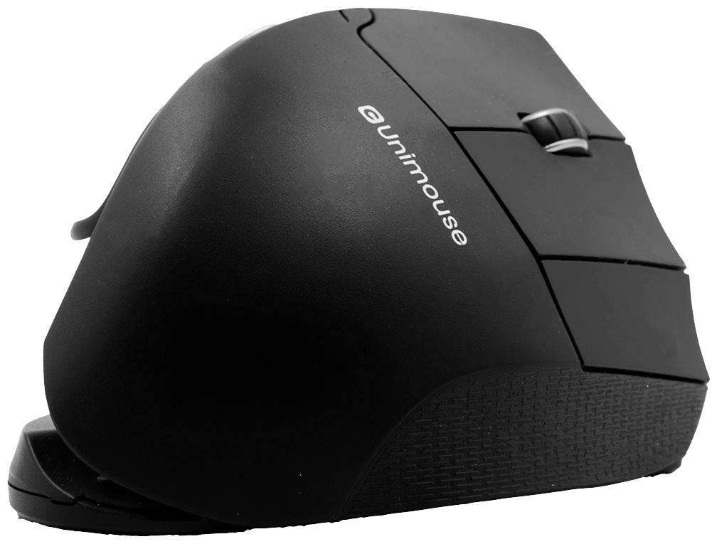 Ergonomická počítačová myš, černá, s vertikálním designem a několika tlačítky. Označení 'Unimouse' viditelné po straně.