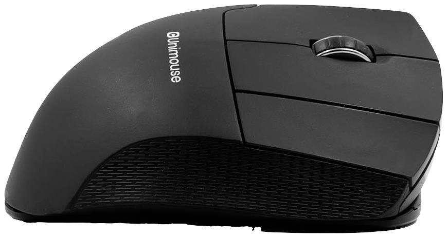 Černá bezdrátová počítačová myš s ergonomickým designem a strukturovaným úchytem.