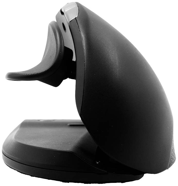 Ergonomická, vertikální počítačová myš v černé barvě, vzpřímeně umístěná na ploché základně. Vyvinuta pro odlehčení zápěstí.