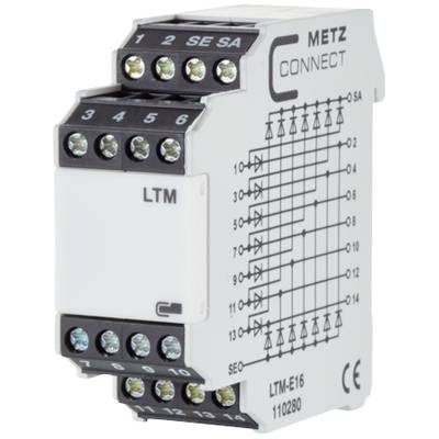 Modul s vícenásobnými přípojkami a schématem zapojení, označený štítkem METZ CONNECT. Obsahuje čísla připojení a LED indikátory.