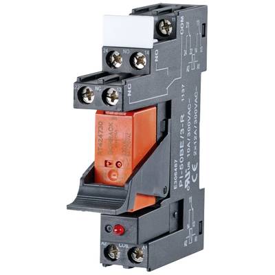 Elektrické relé s několika svorkami a štítky, včetně specifikací proudu a napětí na straně.