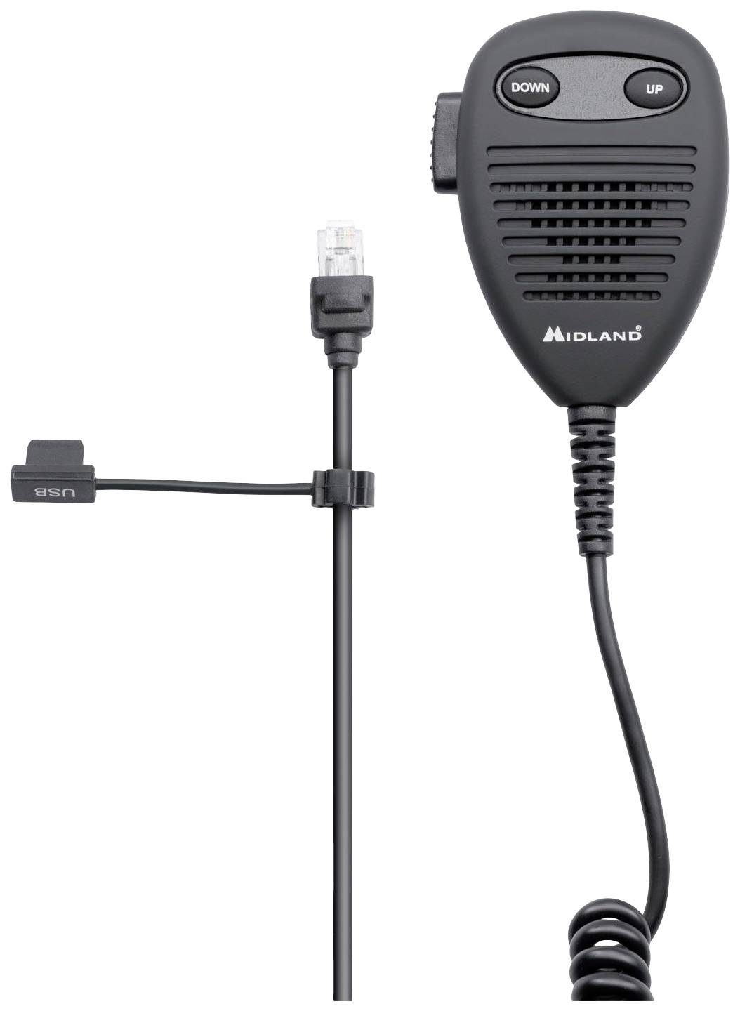 Černý ruční mikrofon s tlačítky 'nahoru' a 'dolů', připojený pomocí USB adaptéru, včetně kabelu s RJ45 konektorem, značka Midland.